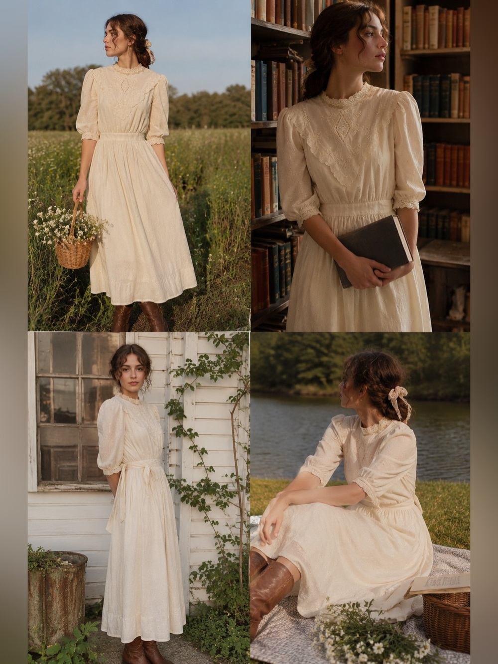 Cream Vintage-Inspired Midi Dress with Lace Yoke